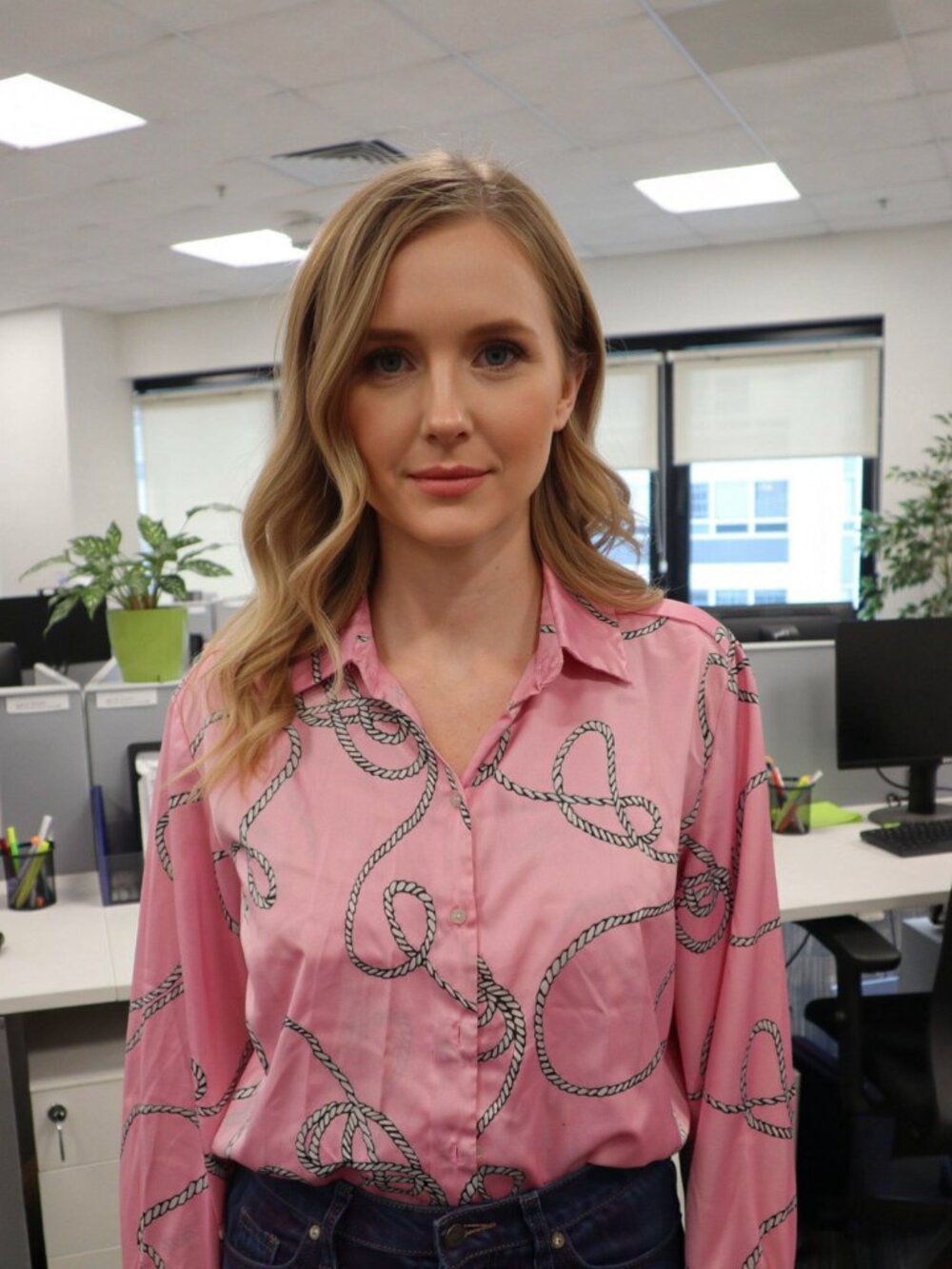 ZARA Pink Satin Rope Print Long Sleeve Button Down Blouse
